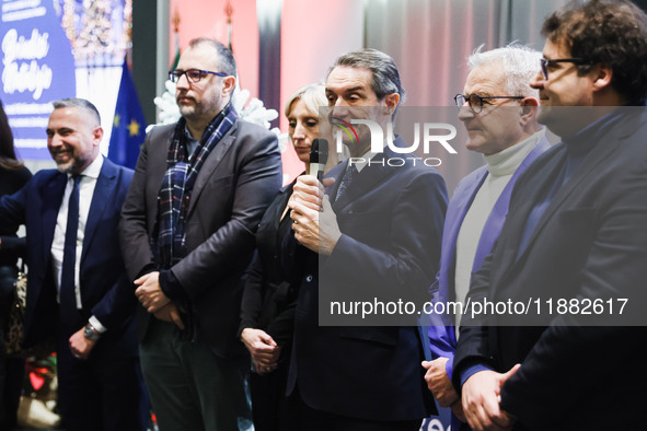 Attilio Fontana attends the ceremony for the traditional exchange of Christmas greetings with the press at Palazzo Lombardia in Milan, Italy...