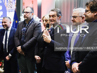 Attilio Fontana attends the ceremony for the traditional exchange of Christmas greetings with the press at Palazzo Lombardia in Milan, Italy...