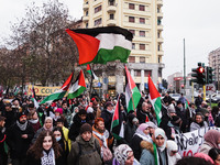 Demonstrators participate in the 62nd Saturday of the demonstration in support of Palestine in the Corvetto district in Milan, Italy, on Dec...