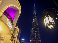 Evening view on Burj Khalifa in Dubai, United Arab Emirates on November 29, 2023.  (