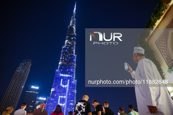 Evening view on Burj Khalifa in Dubai, United Arab Emirates on November 29, 2023.  