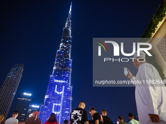 Evening view on Burj Khalifa in Dubai, United Arab Emirates on November 29, 2023.  (