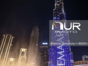 Evening view on Burj Khalifa building with Emaar Properties name in Dubai, United Arab Emirates on November 29, 2023.  (