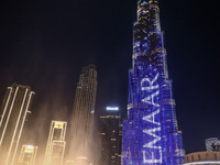 Evening view on Burj Khalifa building with Emaar Properties name in Dubai, United Arab Emirates on November 29, 2023.  (