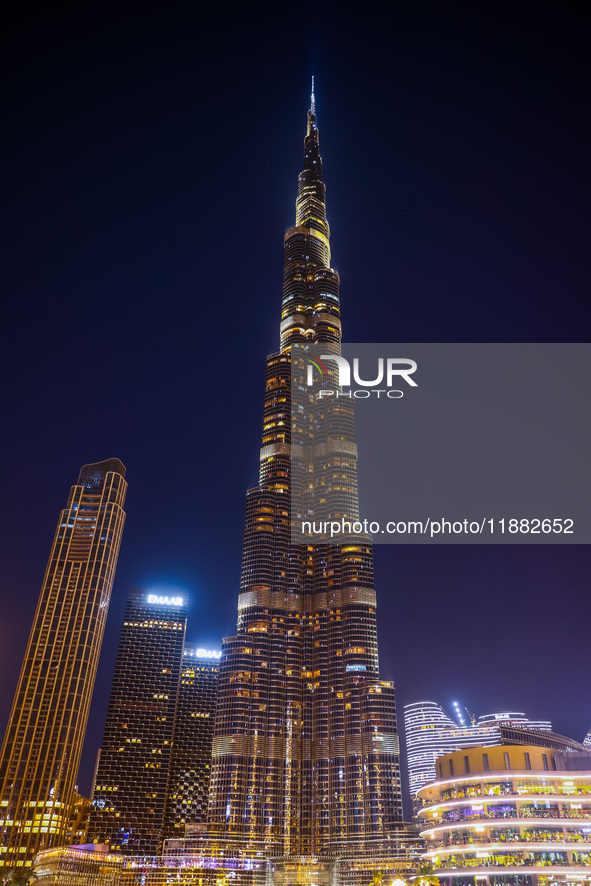 Evening view on Burj Khalifa in Dubai, United Arab Emirates on November 29, 2023.  