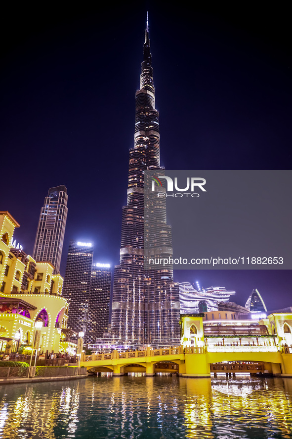 Evening view on Burj Khalifa in Dubai, United Arab Emirates on November 29, 2023.  