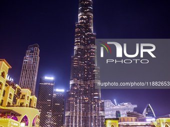 Evening view on Burj Khalifa in Dubai, United Arab Emirates on November 29, 2023.  (