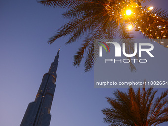 Evening view on Burj Khalifa in Dubai, United Arab Emirates on November 29, 2023.  (