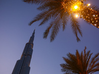 Evening view on Burj Khalifa in Dubai, United Arab Emirates on November 29, 2023.  (