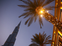 Evening view on Burj Khalifa in Dubai, United Arab Emirates on November 29, 2023.  (