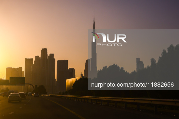 Sunset view on Burj Khalifa building and skyline in Dubai, United Arab Emirates on November 29, 2023.  