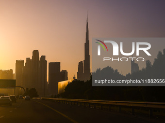 Sunset view on Burj Khalifa building and skyline in Dubai, United Arab Emirates on November 29, 2023.  (