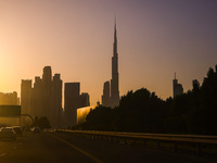 Sunset view on Burj Khalifa building and skyline in Dubai, United Arab Emirates on November 29, 2023.  (