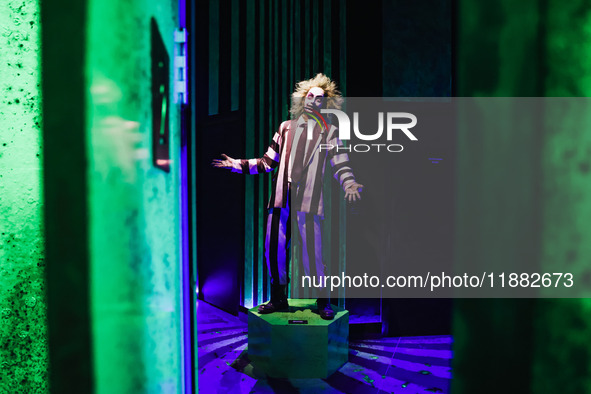 A view of a Beetlejuice installation during the opening of the immersive exhibition Tim Burton's Labyrinth at the Fabbrica del Vapore in Mil...