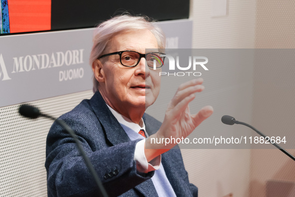 Vittorio Sgarbi presents the book ''Nativita. Madre e figlio nell'arte'' at Mondadori Duomo in Milan, Italy, on December 9, 2024. 