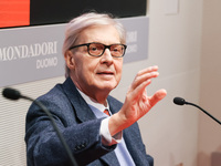 Vittorio Sgarbi presents the book ''Nativita. Madre e figlio nell'arte'' at Mondadori Duomo in Milan, Italy, on December 9, 2024. (