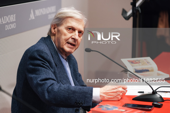 Vittorio Sgarbi presents the book ''Nativita. Madre e figlio nell'arte'' at Mondadori Duomo in Milan, Italy, on December 9, 2024. 