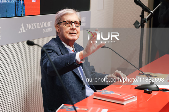 Vittorio Sgarbi presents the book ''Nativita. Madre e figlio nell'arte'' at Mondadori Duomo in Milan, Italy, on December 9, 2024. 