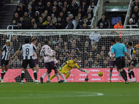 Sandro Tonali of Newcastle United scores their first goal during the Carabao Cup Quarter Final match between Newcastle United and Brentford...