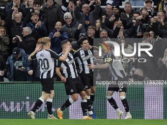 Sandro Tonali of Newcastle United celebrates with his teammates after scoring his second goal and their second goal during the Carabao Cup Q...