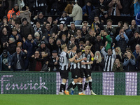 Sandro Tonali of Newcastle United celebrates with his teammates after scoring his second goal and their second goal during the Carabao Cup Q...