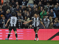 Newcastle United's Sandro Tonali celebrates with Jacob Murphy after scoring his second goal during the Carabao Cup Quarter Final match betwe...