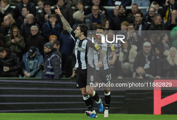 Newcastle United's Sandro Tonali celebrates after scoring his second goal and the team's second goal during the Carabao Cup Quarter Final ma...