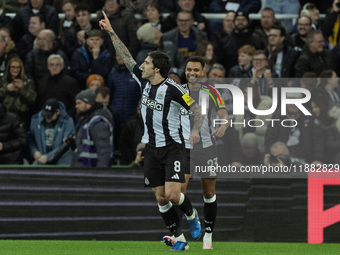 Newcastle United's Sandro Tonali celebrates after scoring his second goal and the team's second goal during the Carabao Cup Quarter Final ma...