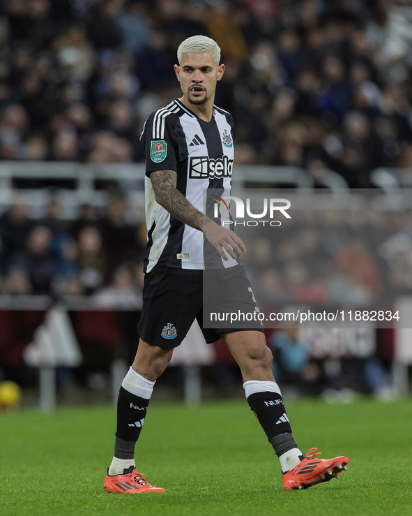 Bruno Guimaraes plays during the Carabao Cup Quarter Final match between Newcastle United and Brentford at St. James's Park in Newcastle, Un...