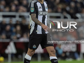 Bruno Guimaraes plays during the Carabao Cup Quarter Final match between Newcastle United and Brentford at St. James's Park in Newcastle, Un...