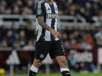 Bruno Guimaraes plays during the Carabao Cup Quarter Final match between Newcastle United and Brentford at St. James's Park in Newcastle, Un...