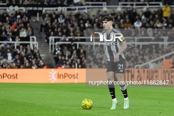 Tino Livramento of Newcastle United is seen in action during the Carabao Cup Quarter Final match between Newcastle United and Brentford at S...