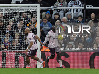 Bryan Mbeumo celebrates with Yoane Wissa after he scores during the Carabao Cup Quarter Final match between Newcastle United and Brentford a...