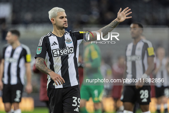 Bruno Guimaraes waves to the fans after the Carabao Cup Quarter Final match between Newcastle United and Brentford at St. James's Park in Ne...