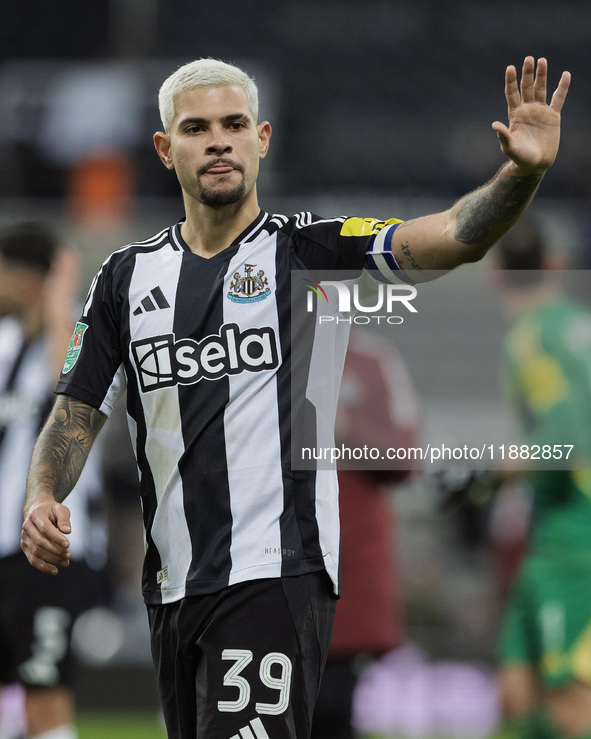 Bruno Guimaraes waves to the fans after the Carabao Cup Quarter Final match between Newcastle United and Brentford at St. James's Park in Ne...