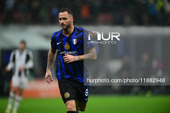 Marko Arnautovic of Inter Milan celebrates after scoring his team's first goal during the Coppa Italia Frecciarossa match between Inter Mila...