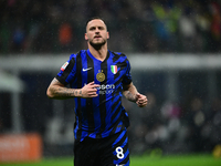 Marko Arnautovic of Inter Milan celebrates after scoring his team's first goal during the Coppa Italia Frecciarossa match between Inter Mila...