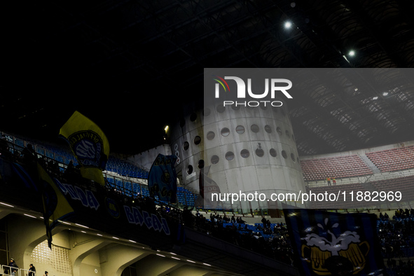 A general view of San Siro Stadium during the Coppa Italia match between FC Internazionale and Udinese Calcio at Giuseppe Meazza Stadium in...