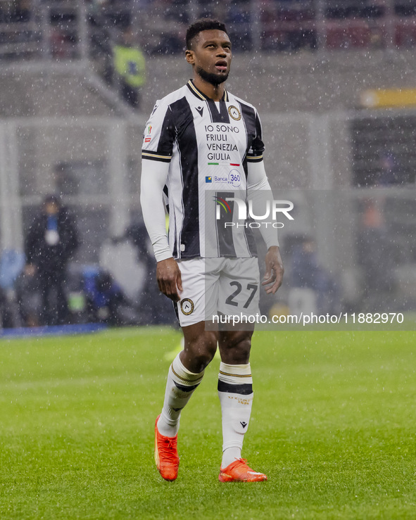 Christian Kabasele plays during the Coppa Italia match between FC Internazionale and Udinese Calcio at Giuseppe Meazza Stadium in Milano, It...