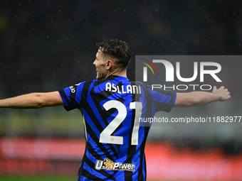 Kristjan Aslani of Inter Milan celebrates after scoring his team's second goal during the Coppa Italia Frecciarossa match between Inter Mila...