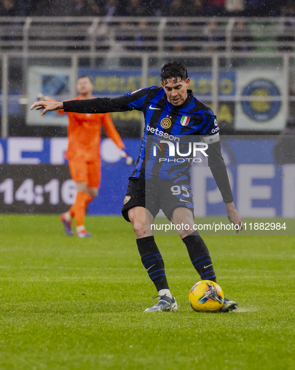 Alessandro Bastoni plays during the Coppa Italia match between FC Internazionale and Udinese Calcio at Giuseppe Meazza Stadium in Milano, It...