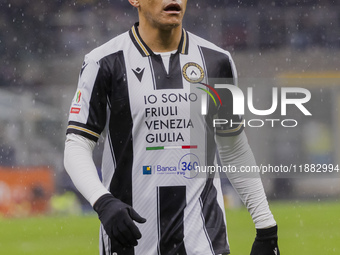 Alexis Sanchez plays during the Coppa Italia match between FC Internazionale and Udinese Calcio in Milano, Italy, on December 19, 2024, at G...