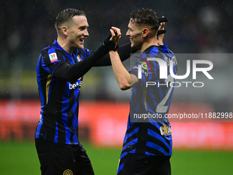 Kristjan Aslani of Inter Milan celebrates after scoring his team's second goal during the Coppa Italia Frecciarossa match between Inter Mila...