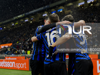 Marko Arnautovic, Davide Frattesi, and Carlos Augusto celebrate the goal during the Coppa Italia match between FC Internazionale and Udinese...