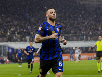 Marko Arnautovic celebrates the goal during the Coppa Italia match between FC Internazionale and Udinese Calcio at Giuseppe Meazza Stadium i...