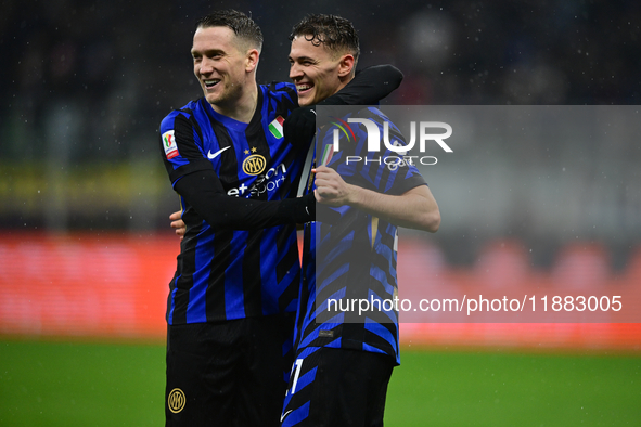 Kristjan Aslani of Inter Milan celebrates after scoring his team's second goal during the Coppa Italia Frecciarossa match between Inter Mila...