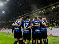 Alessandro Bastoni, Tajon Buchanan, Davide Frattesi, Carlos Augusto, and Marko Arnautovic celebrate the goal during the Coppa Italia match b...