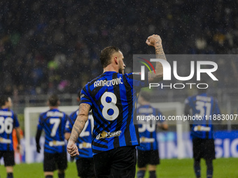 Marko Arnautovic celebrates the goal during the Coppa Italia match between FC Internazionale and Udinese Calcio at Giuseppe Meazza Stadium i...