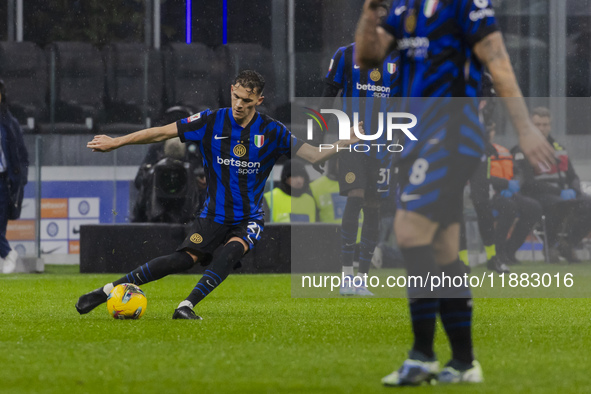 Kristjan Asllani plays during the Coppa Italia match between FC Internazionale and Udinese Calcio at Giuseppe Meazza Stadium in Milano, Ital...