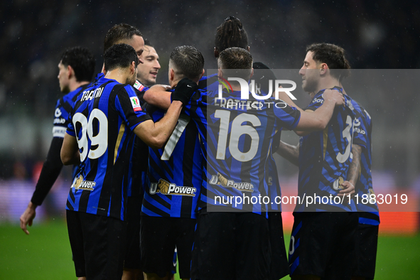 Kristjan Aslani of Inter Milan celebrates after scoring his team's second goal during the Coppa Italia Frecciarossa match between Inter Mila...